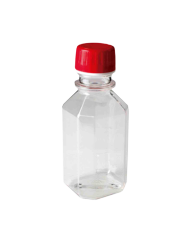 Botella plastica PE transparente. graduada. c/tapa roja de seguridad 125 ml