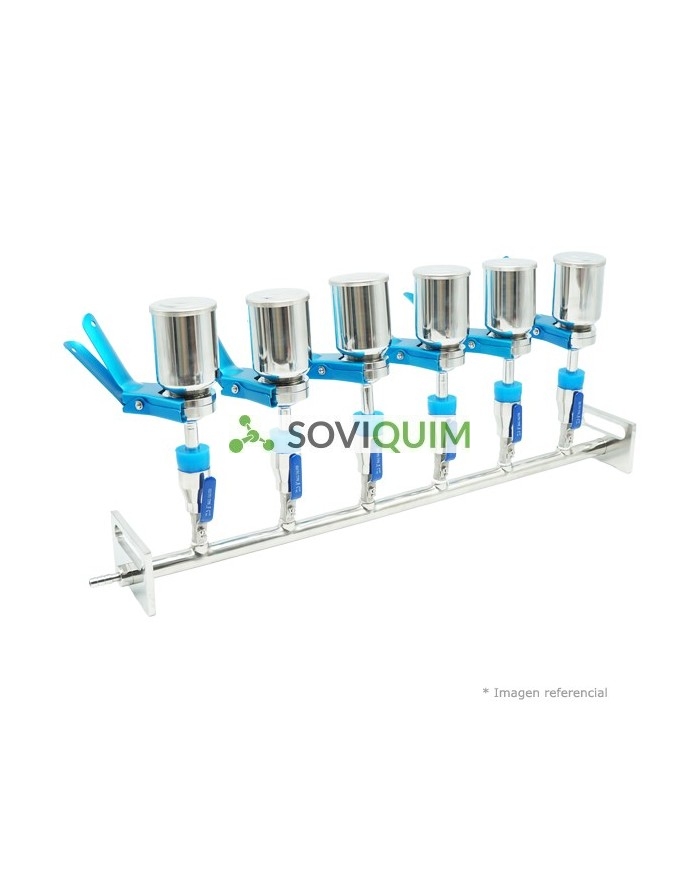 Manifold Ac.Inox.316L completo, 6 posiciones, con acople tapon de Goma, con válvula de control y accesorios listo para